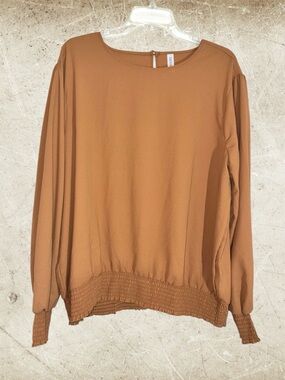 Zenana Outfitters Camel Brown Smocked-Hem Long Sleeve Blouse